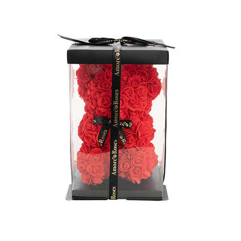 Amore Rose Bear w Black Bow Red (25cmH)