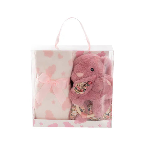 Bunny Flora, Rattle & Blanket Gift Pack Dusty Pink (25cmH)