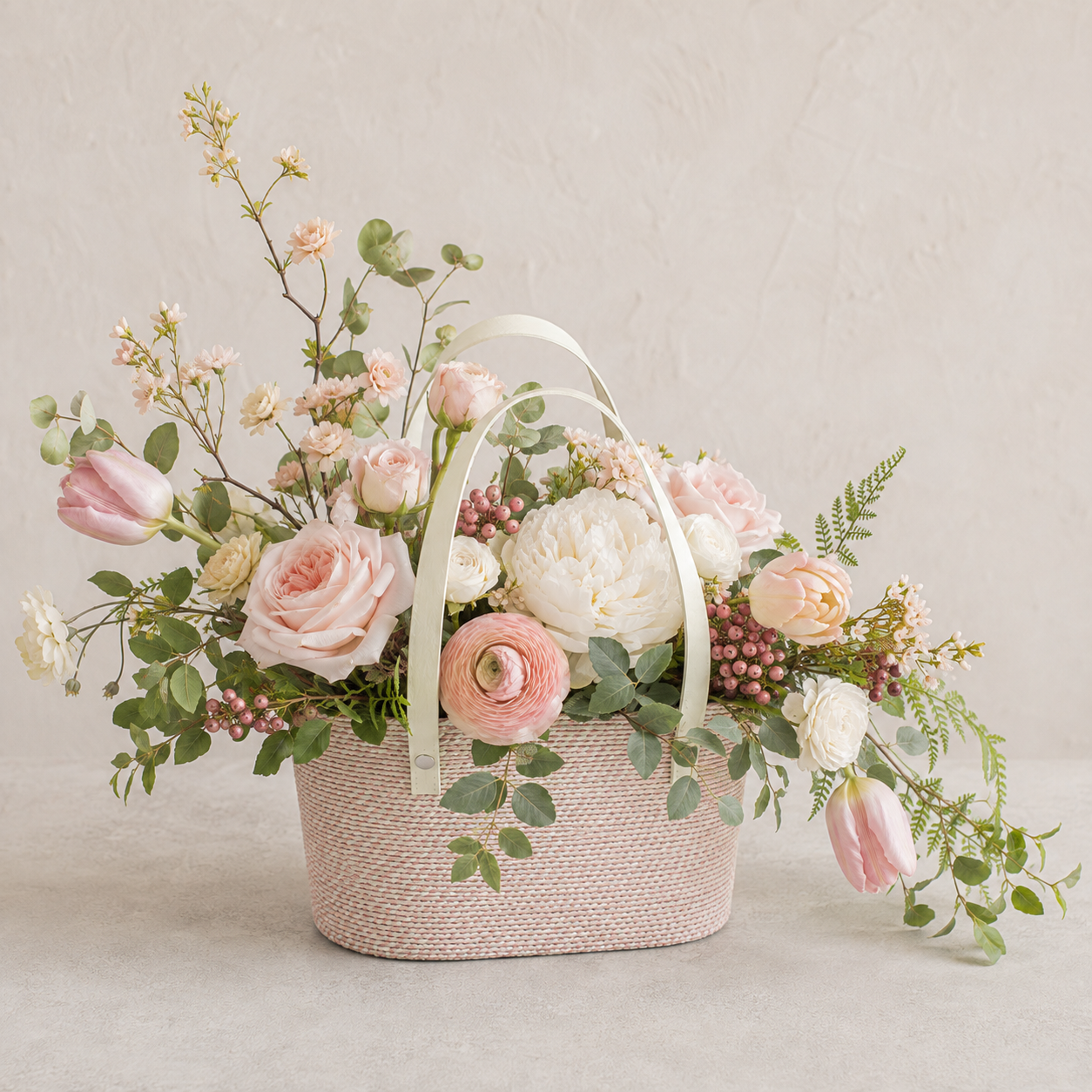 Blushing Grace Flower Basket – Pink & White