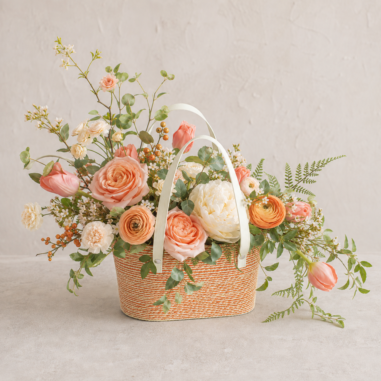Apricot Promise Flower Basket – Orange & White