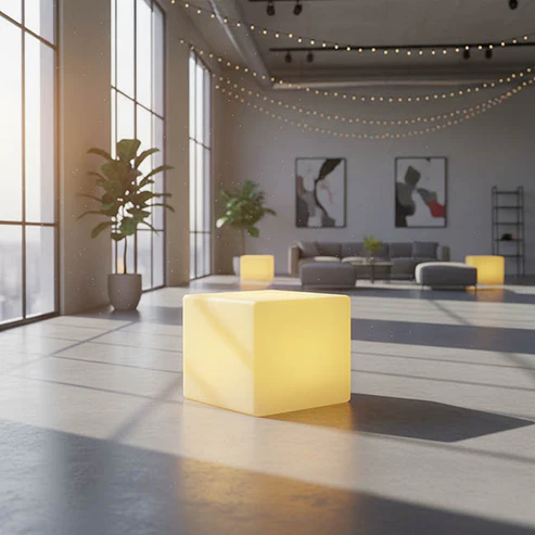 LED Glow Stool Stand Cube Rechargeable White (50x50x50cmH