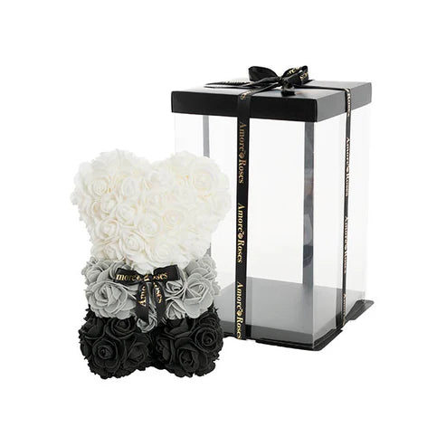 Amore Rose Bear w Black Bow Ombre Black (25cmH)