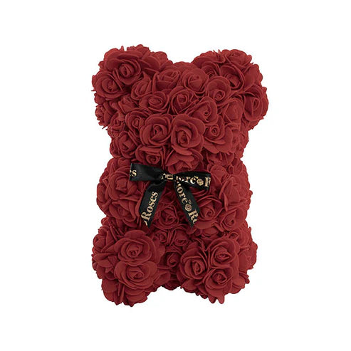 Amore Rose Bear w Black Bow Dark Red (25cmH)