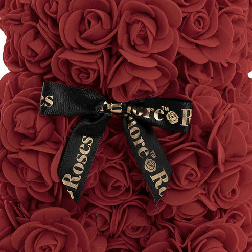 Amore Rose Bear w Black Bow Dark Red (25cmH)