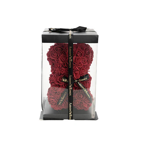 Amore Rose Bear w Black Bow Dark Red (25cmH)