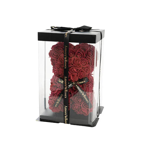 Amore Rose Bear w Black Bow Dark Red (25cmH)