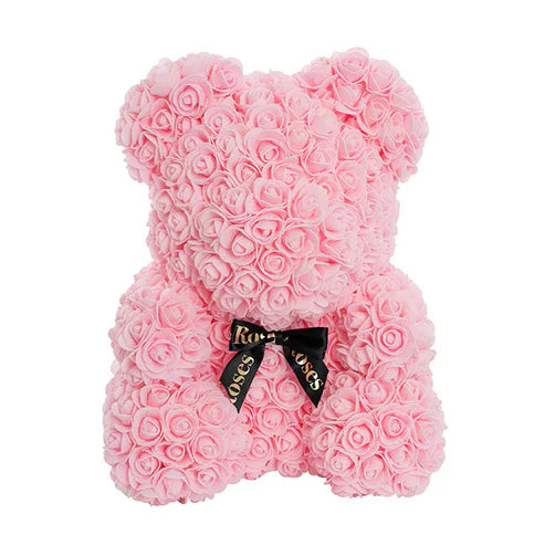 Amore Rose Bear Large w Black Bow Soft Pink (35cmH)