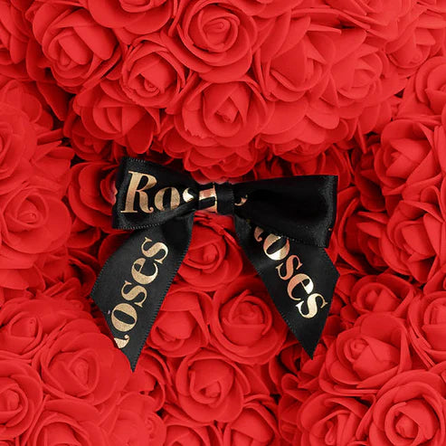 Amore Rose Bear Large w Black Bow Red (35cmH)