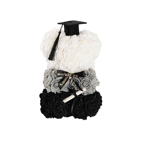 Amore Graduation Rose Bear w Black Bow & Hat Ombre Black(25cmH