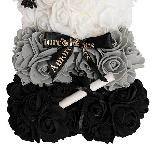 Amore Graduation Rose Bear w Black Bow & Hat Ombre Black(25cmH