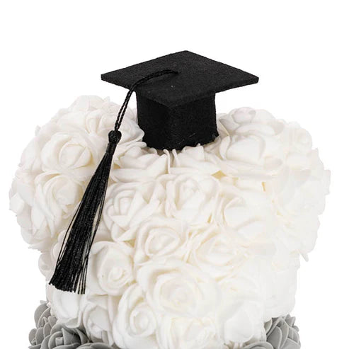 Amore Graduation Rose Bear w Black Bow & Hat Ombre Black(25cmH