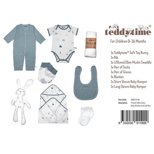 Printed 100% Cotton Baby Gift Box Set 8 Soft Blue