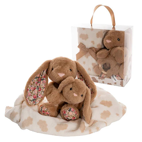 Bunny Flora, Rattle & Blanket Gift Pack Brown (25cmH)