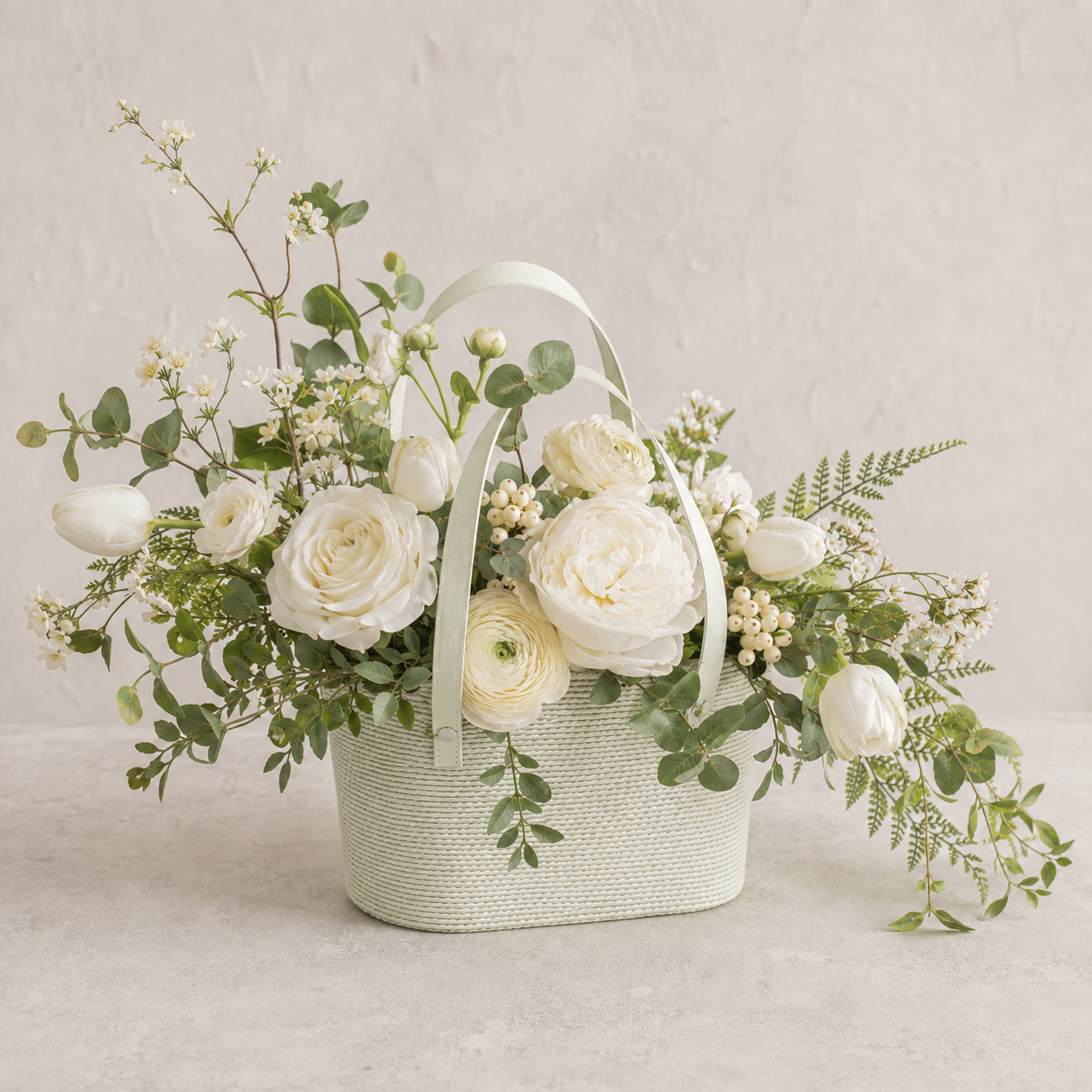 Ivory Serenity Flower Basket – Sage & White