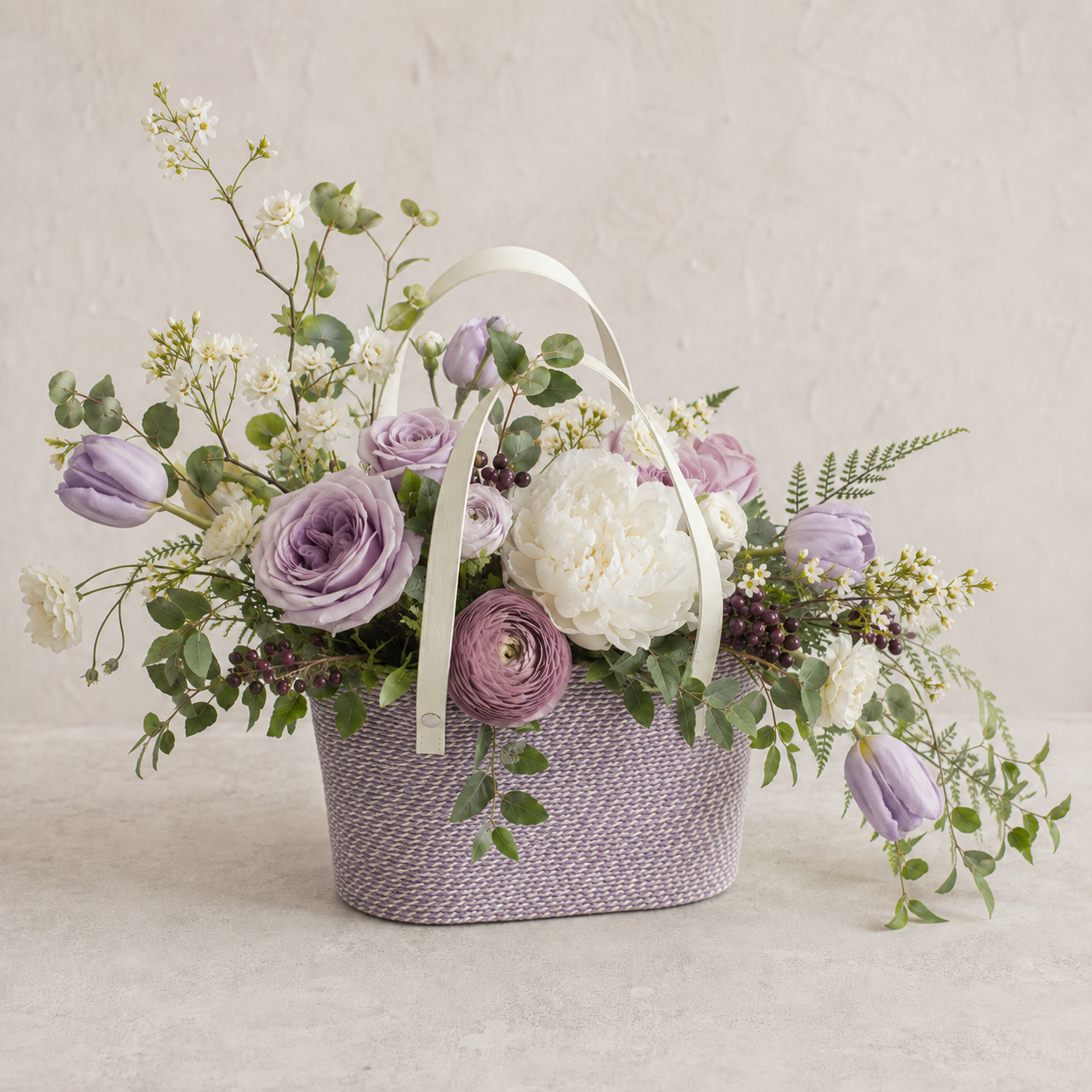 Lavender Devotion Flower Basket – Purple & White