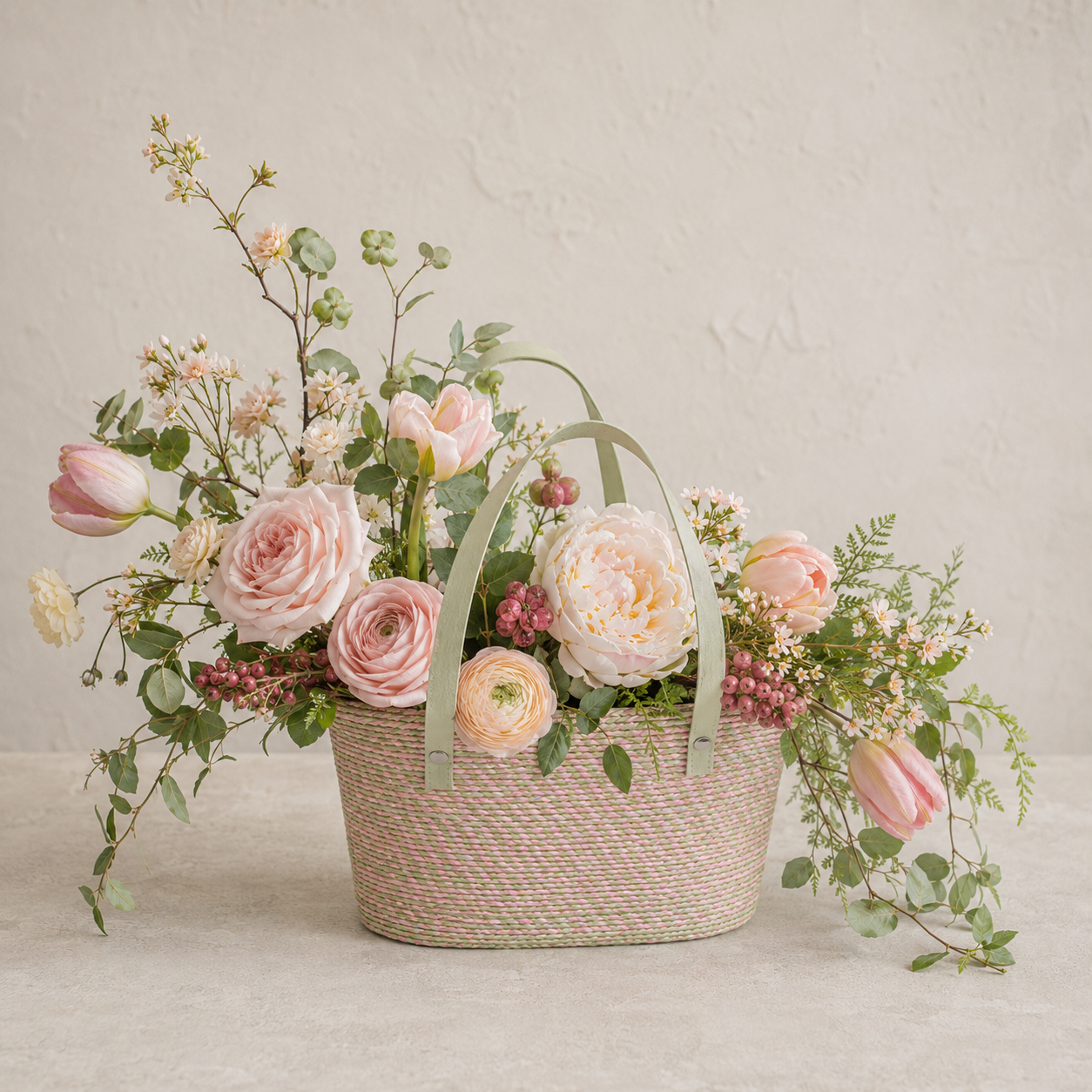 Sage Blush Romance Flower Basket – Sage & Pink