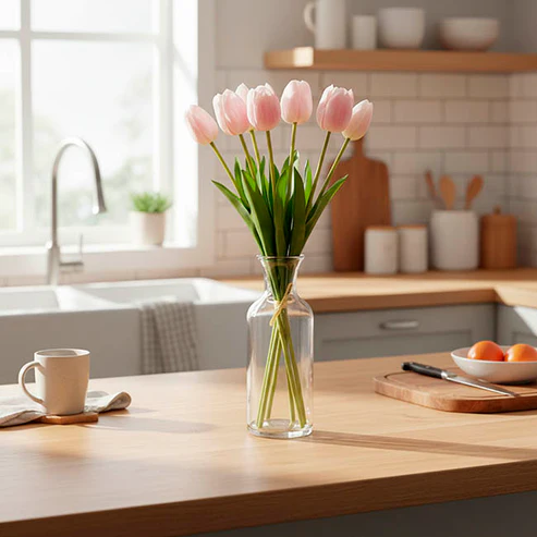 Real Touch 7 Head Tulip Bunch Pale Pink (49cmH)